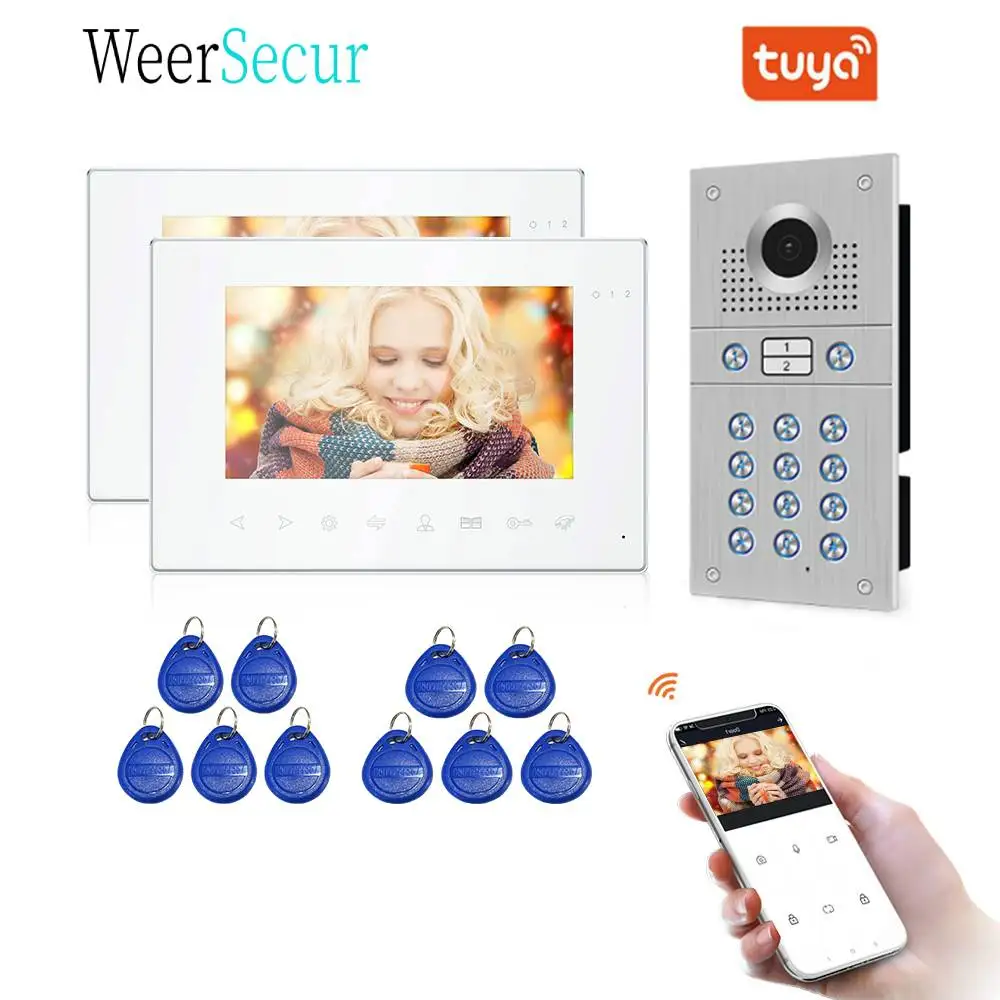 

WIFI 960P 7" Record Monitor Video Doorbell Door Phone Intercom System RFID Code Keypad Camera APP Remote Unlock For 2 Apartments