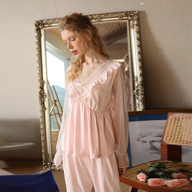 Roseheart Summer Pink White Women Sleep Pajama Sets Sleepwear Suits Cotton Nightwear V Neck Plus Size 2 Piece Nightgown Pants