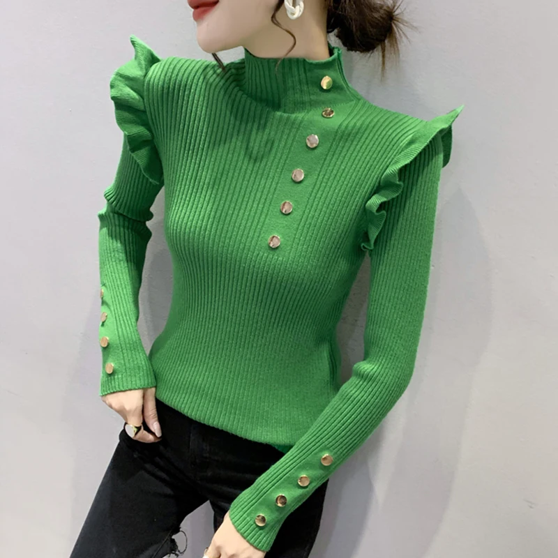 

2023 Winter Elegant Temperament Knitted Tops Ladies Autumn Ruffles Sweater Long Sleeve Pullovers Women Tight All-Match Knitwear