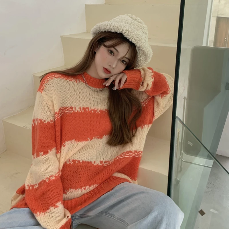 

Осенне-зимний вязаный полосатый свитер, женские повседневные рваные пуловеры, женский джемпер, уличная одежда