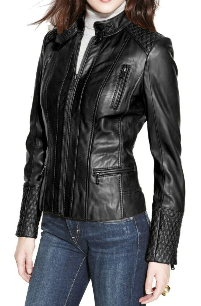 Women Leather Jackets Black Slim Fit Biker Jacket with Long Sleeve Genuine Leather Coat