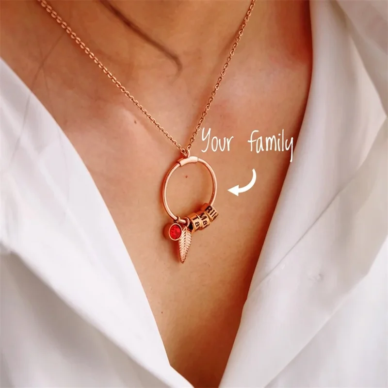 Personalized Circle Pendant Necklace for Women Custom Stainless Steel Engraved Beads Necklace Name Mother Gift