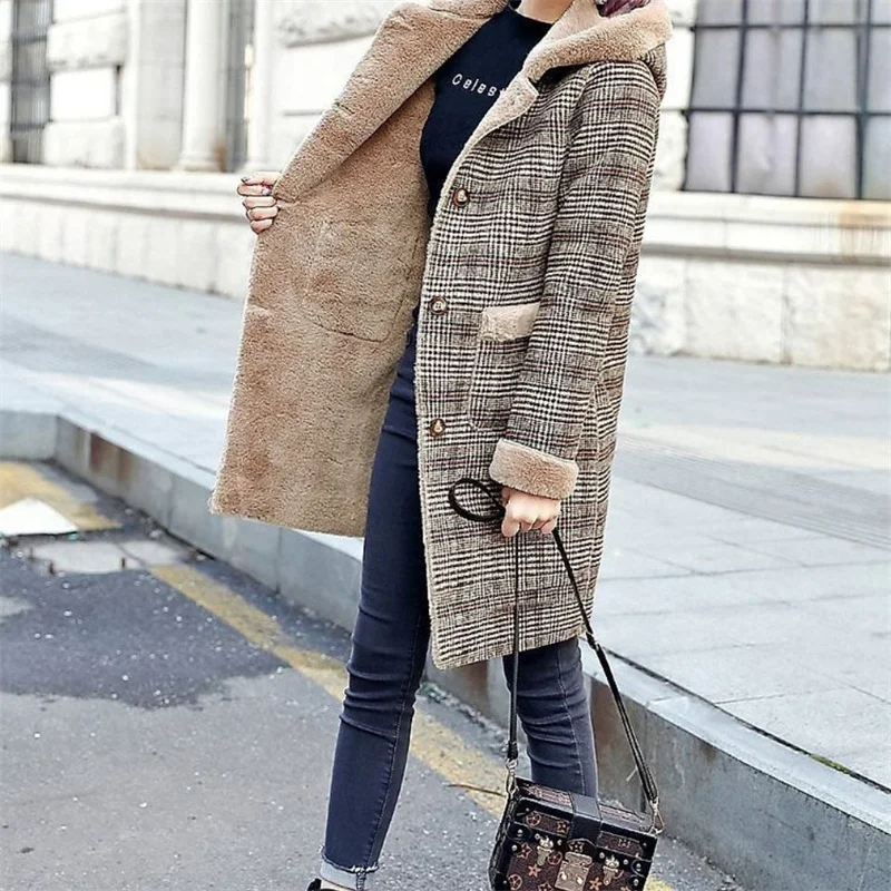 Ladies Winter Jacket Fur Coat Women's Plaid Wool Coat Thick Velvet Thickened Warm Mid-Length Jackets Hooded Warm Woolen Coat
