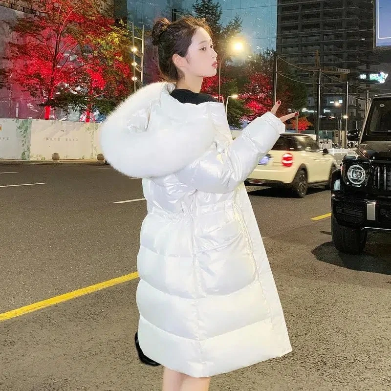 

White duck down Jacket Women's 2022 New Winter Thicken Fur collar Hooded Down Coat Adjustable waist Casual Female Long Overcoat