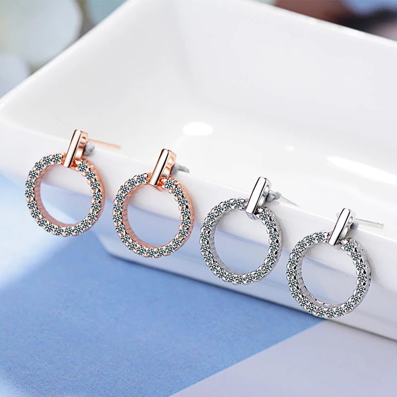 

Geometric Round Stud Earrings For Women Fashion Silver Color Rose Gold Zirconia Ear Piercing Earrings Girl Party Women's Jewelry