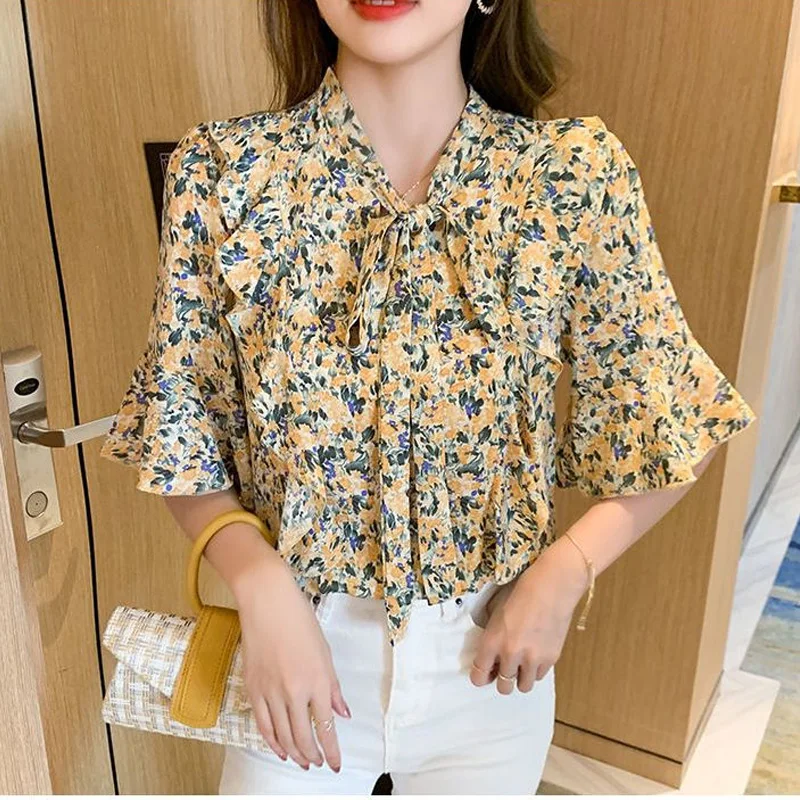 Summer New Lacing Floral Chiffon Blouses Half Sleeve Loose Plus Size Print Shirts Versatile Casual Fashion Women Clothing