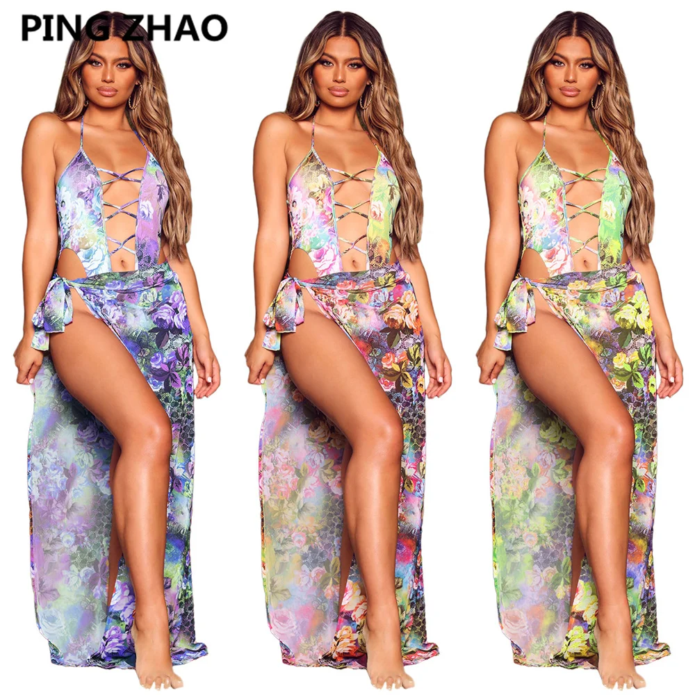 

PING ZHAO Women Bikinis Set Print Strap Hollow Out Bodysuit Bandage Long Skirts Two Piece Sets Sexy Beachwaer Outfit Summer