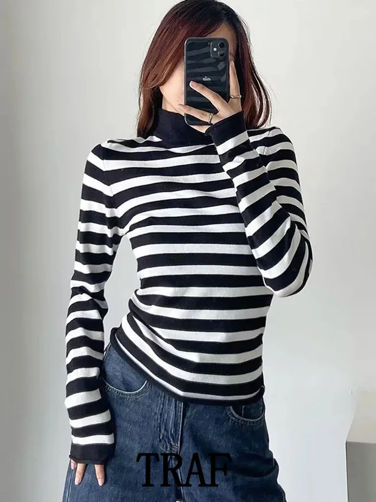 

TRAF ZA&ree 2022 Women Striped Knitted Sweater Fashion Half High Collar Pullover Knit Long Sleeve Slim Causal Pullover Knit Tops