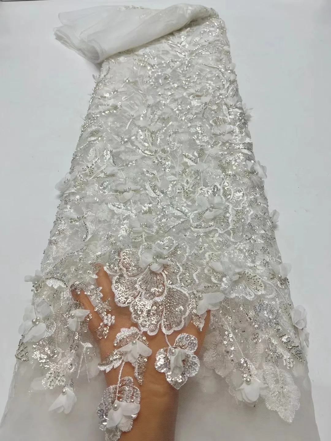 Новейшая французская кружевная ткань 2024 с 3D вышивкой цветочными блестками