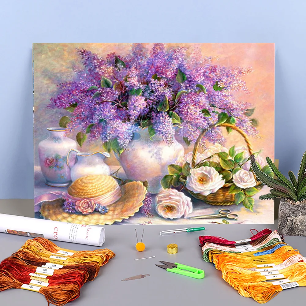 

Lilac Flower Printed Fabric 11CT Cross-Stitch Embroidery Set DMC Threads Handicraft Handmade Needlework Sewing Room Jewelry