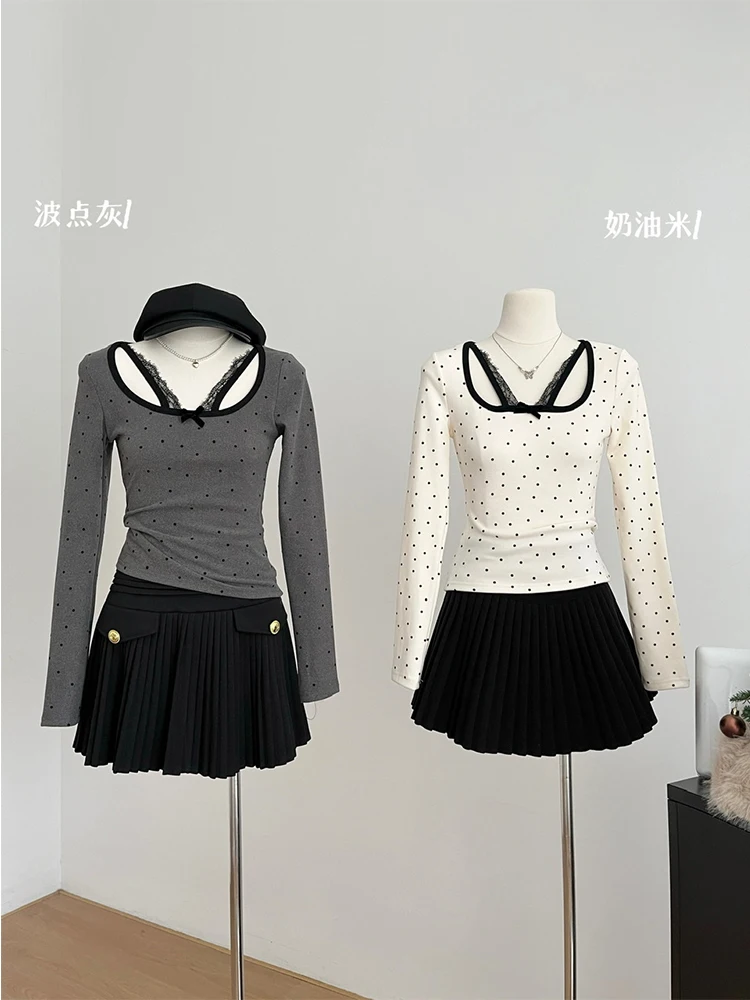 Весна 2025 года женский корейский кружевной укороченный топ в горошек эстетичная