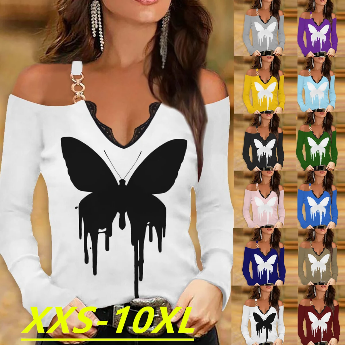 

Snake Yx Women's Autumn New Print Fashion Casual V-Neck Strap Off Shoulder Long Sleeve Top Plus Size XXS-10XL