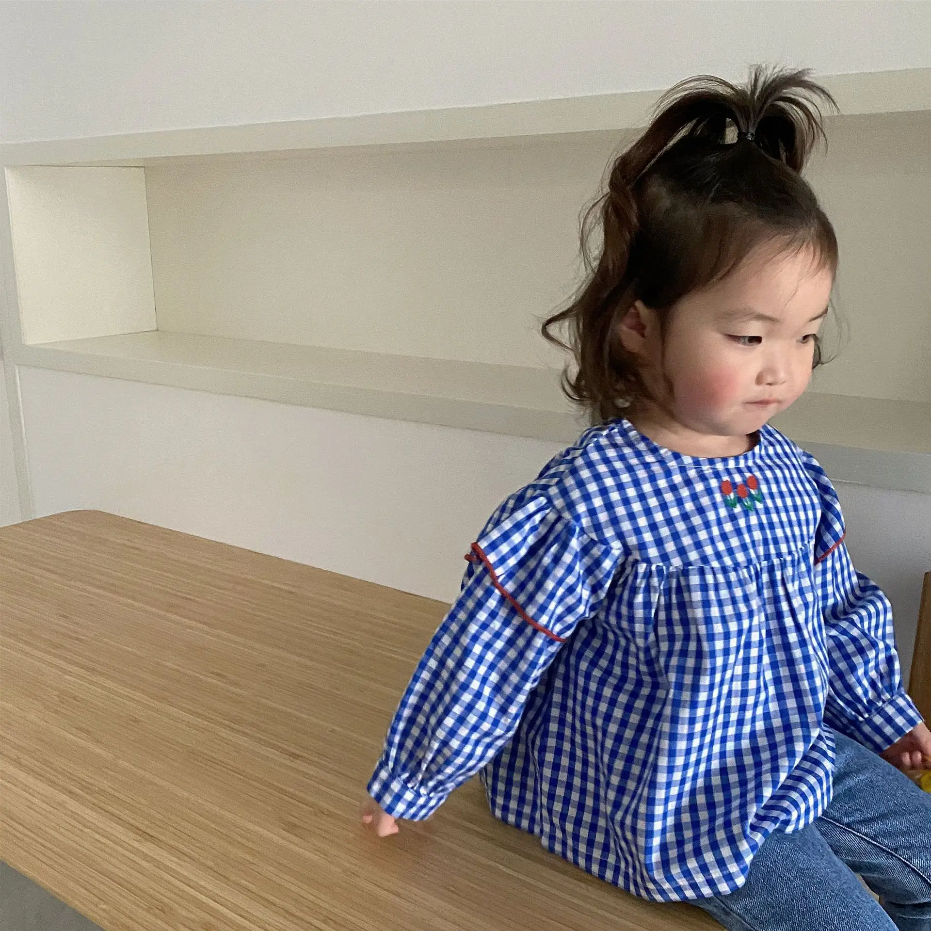 

Клетчатая блузка для маленьких девочек, детская Милая рубашка, корейские детские блузки с длинным рукавом, весенне-осенняя хлопковая одежд...