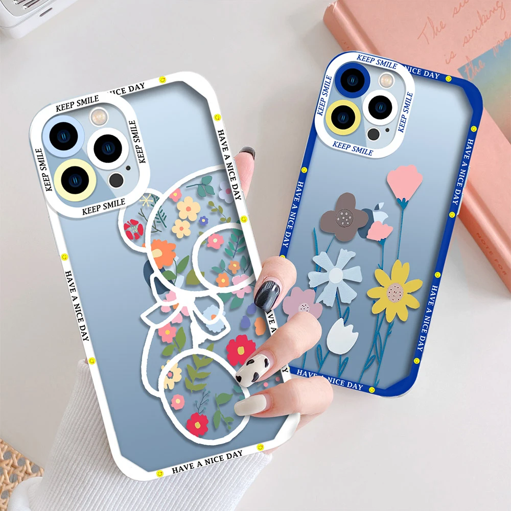 

Cute Bear Flower for IPhone 11 Case for IPhone 13 12 Pro Max Mini XS X XR 7 8 Plus SE 2020 Camera Protection Cover Clear TPU