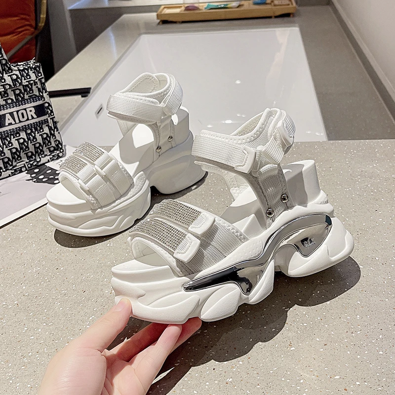10CM Platform Sandals Women Bling Wedge High Heels New Summer Rhinestone Hook Loop Chunky Sandalias Beach Slippers Zapatos Mujer