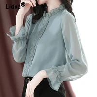 spring summer fashion elegant lace stand collar temperament chiffon pullover shirt female flare long sleeve loose blouse blusas