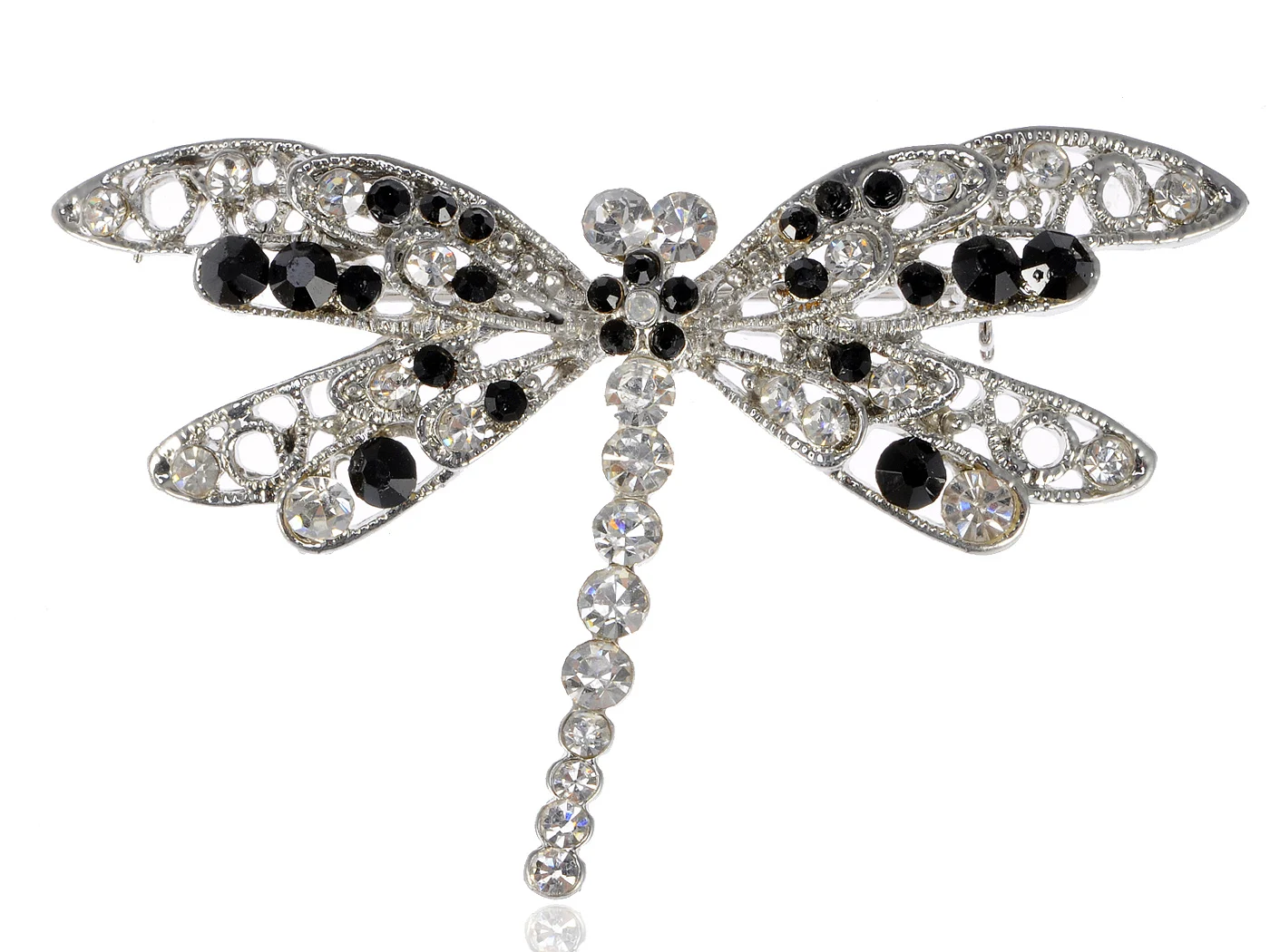 

Silvery Tone Jet Black Rhinestones Dragonfly Insect Wings Brooch Pin
