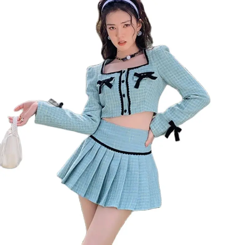 

2022 Spring Small Fragrance Tweed 2 Piece Set Women Short Jacket Coat + Skirt Suits Korean Sweet Outfits Fashion 2 Piece Sets