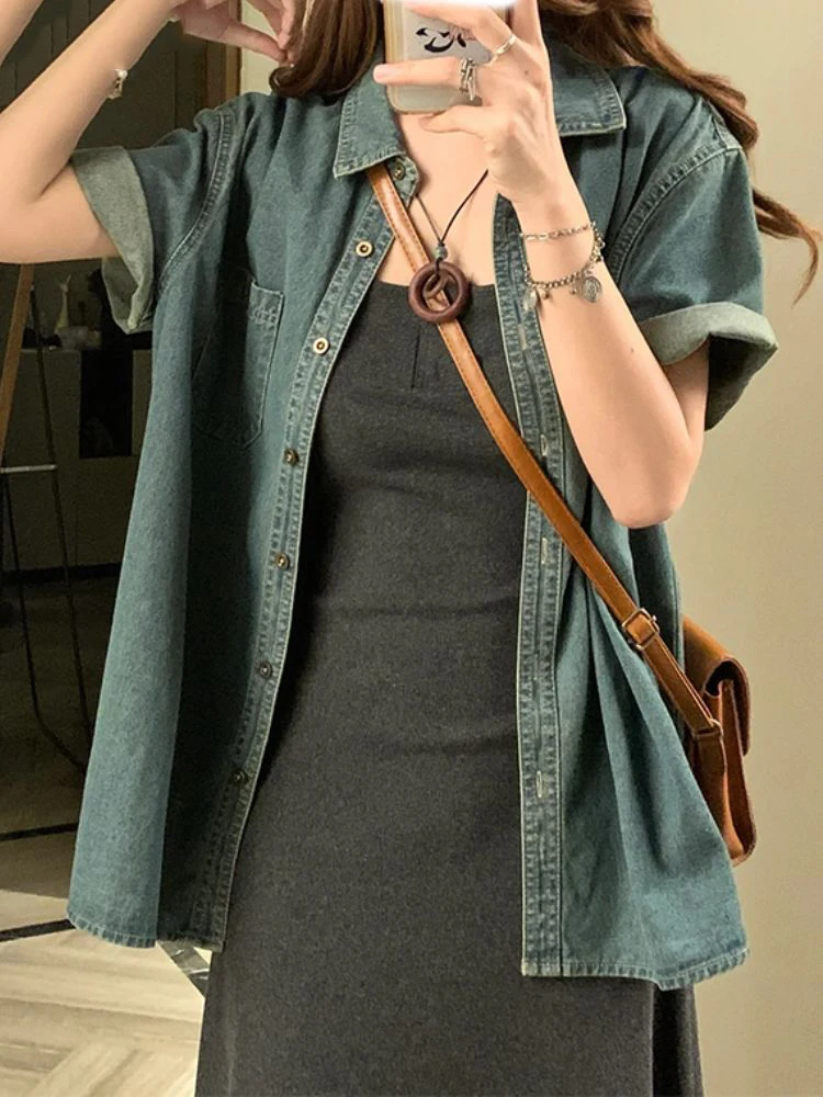 

Summer Y2k Aesthetic Causal Loose Women Jean Blouse All Match Vintage Short Sleeve Vintage Tops Fashion Harajuku Pocket Blusas