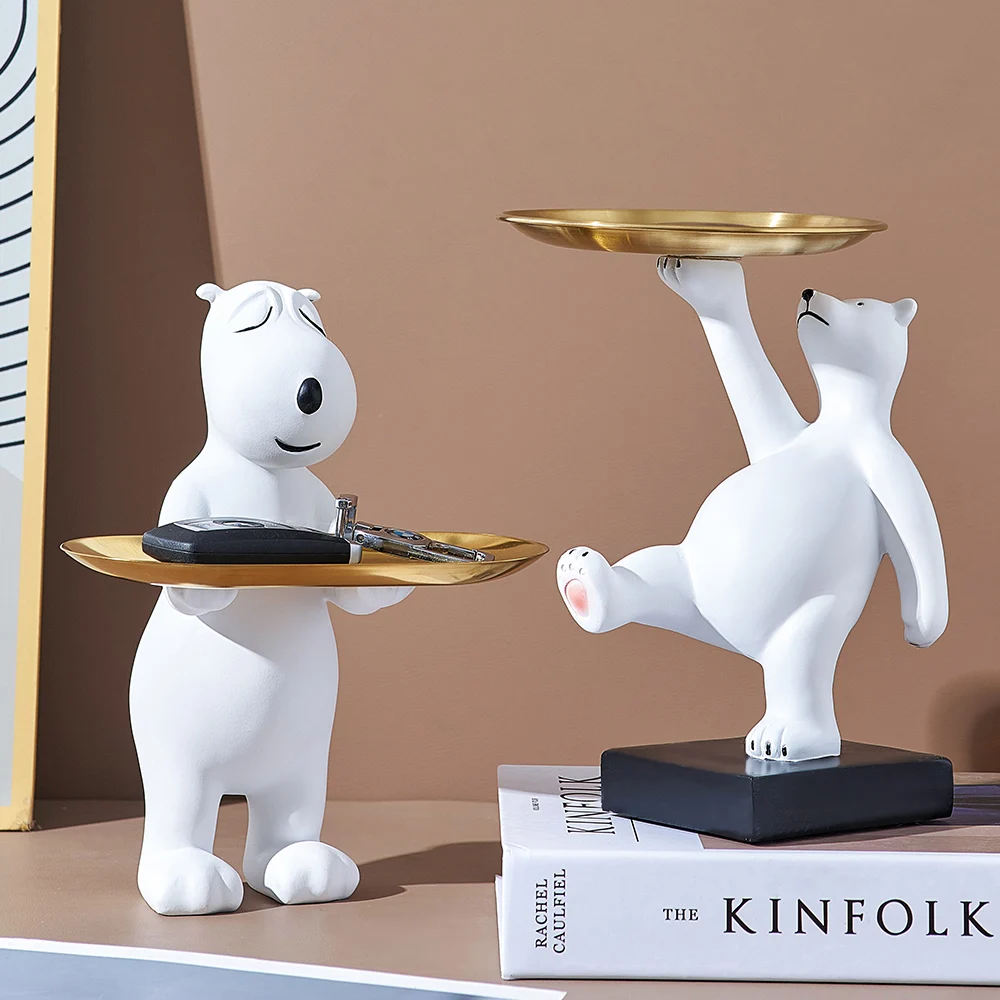 

Creative white bear sculpture storage tray living room desktop animal sculpture snack candy plate modern home decorations Gift