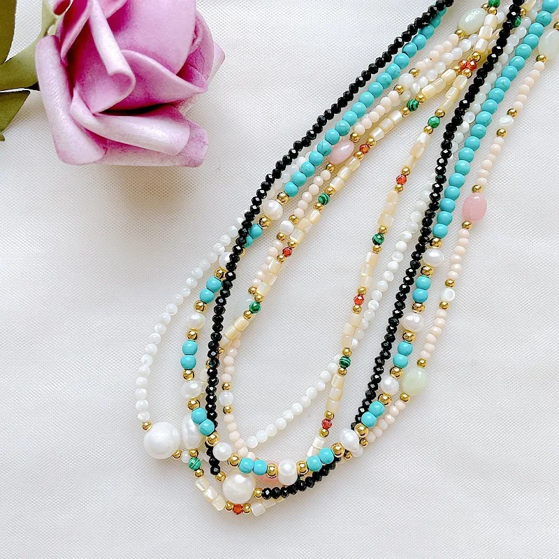 

ALLNEWME Dainty Multicolor Natural Stone Shell Freshwater Pearl Strand Beaded Necklaces for Women 18K Gold Titanium Steel Choker