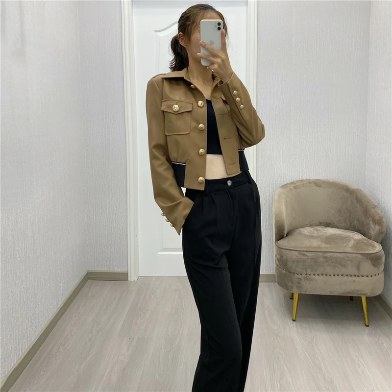 

High Quality Fall New Women's Poplin Lapel Casual Jacket High Quality Metal Buttons Decorated Letter Embroidery Cropped Jacket