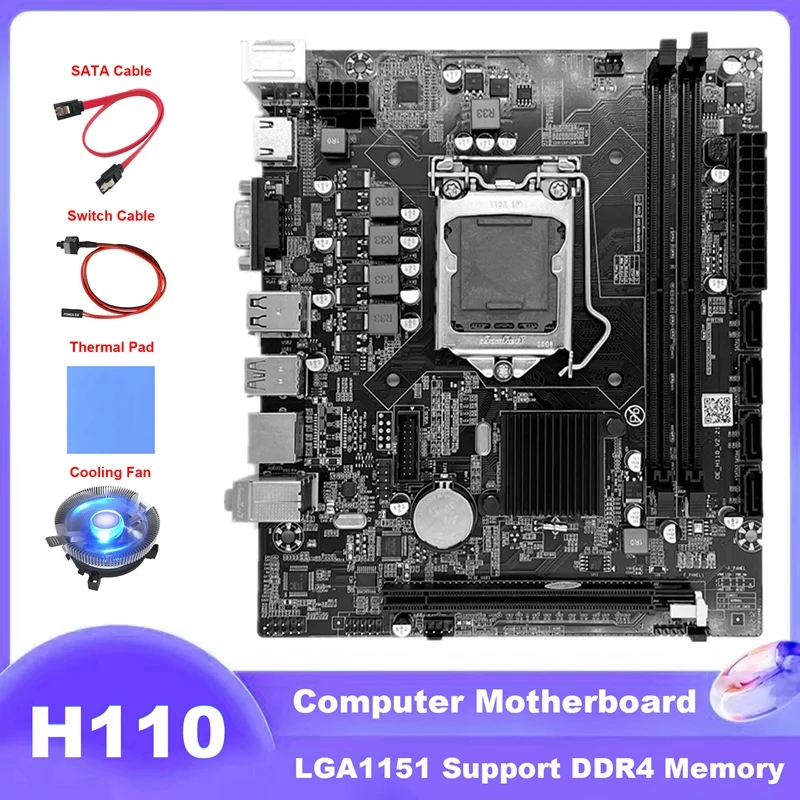 

H110 Computer Motherboard LGA1151 Supports Celeron G3900 G3930 CPU With Thermal Pad+SATA Cable+Switch Cable+Cooling Fan