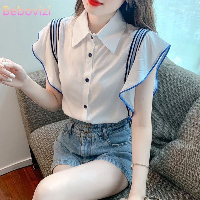 

Summer Lotus Leaf Sleeves Short Sleeve Shirts Women's New Fashion Casual White Blouse Tops