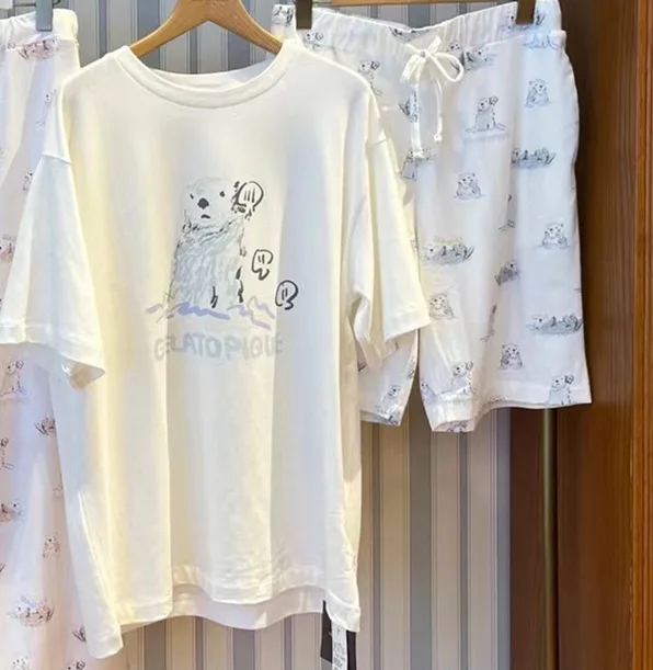 Men Pajamas Set Room Wear Summer Short Set T-shirt Shorts Gelato Pique Otter Cotton