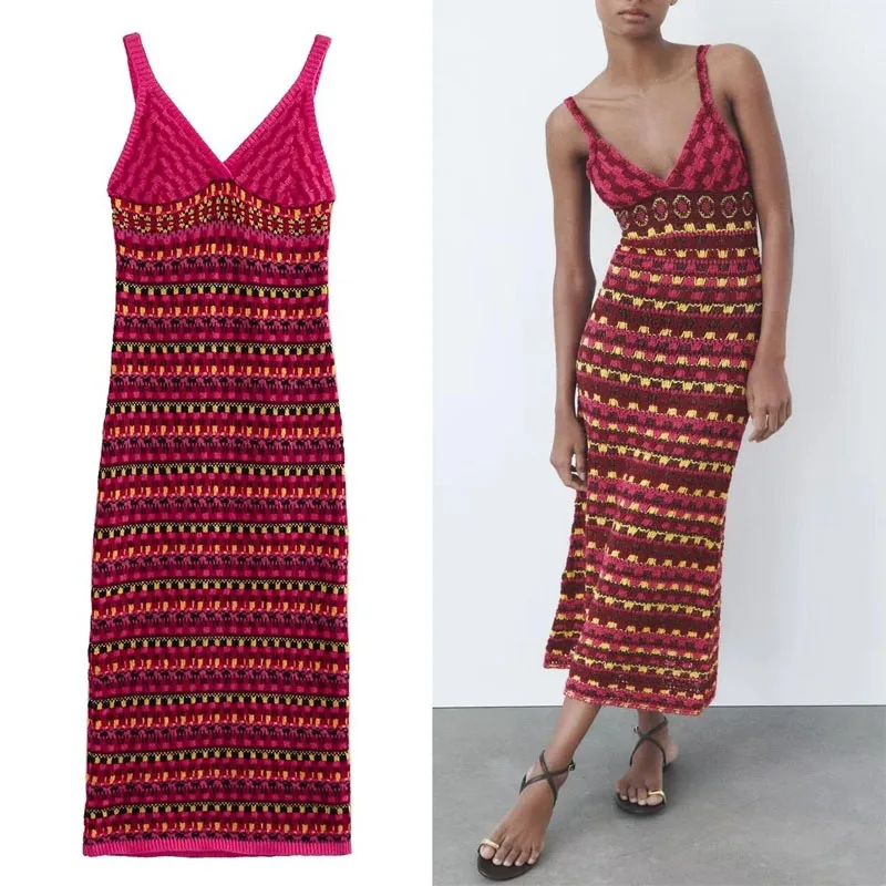 

TRAF Women Slip Knit Midi Dress Sexy V-neck Sleeveless Dress Fashion Slim Midi Dresses Summer Female Streetwear Robe Vestidos