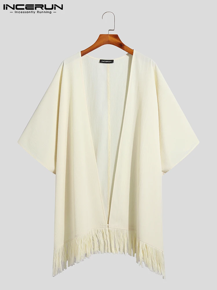 American Style Men Solid Tops INCERUN Loose Comfortable Blouse Casual Well Fitting Loose Mid-sleeve Fringed Cardigan Shirt S-5XL