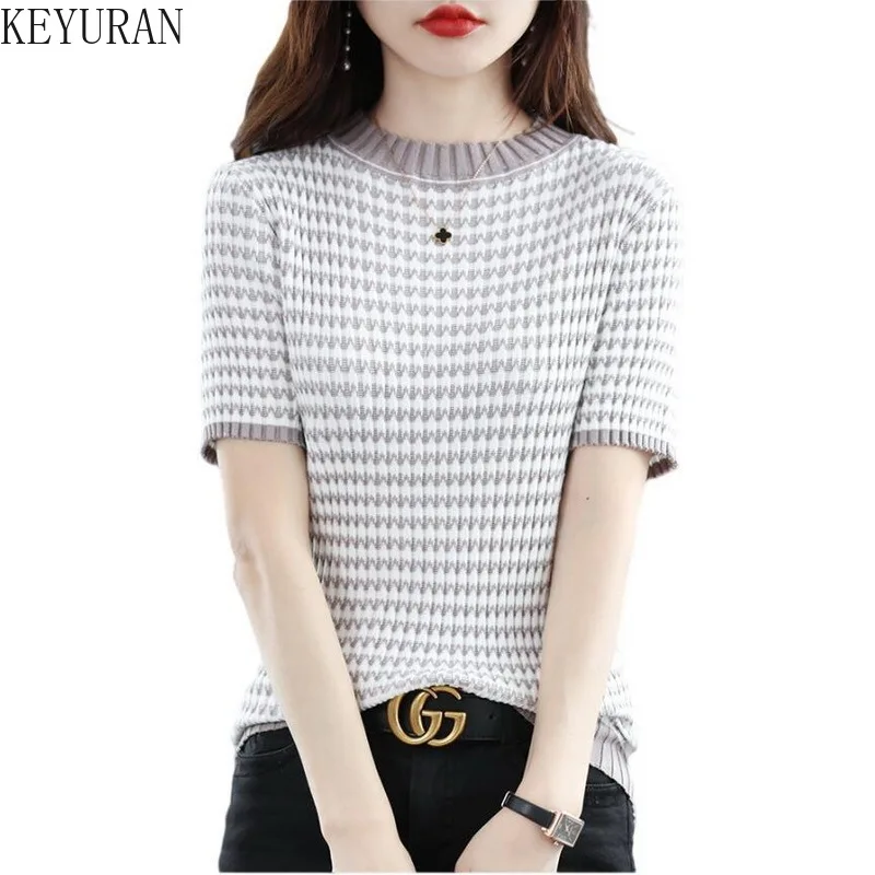 

Женская трикотажная футболка в полоску, повседневные модные пуловеры с круглым вырезом и коротким рукавом, женские свитера, трикотажные то...