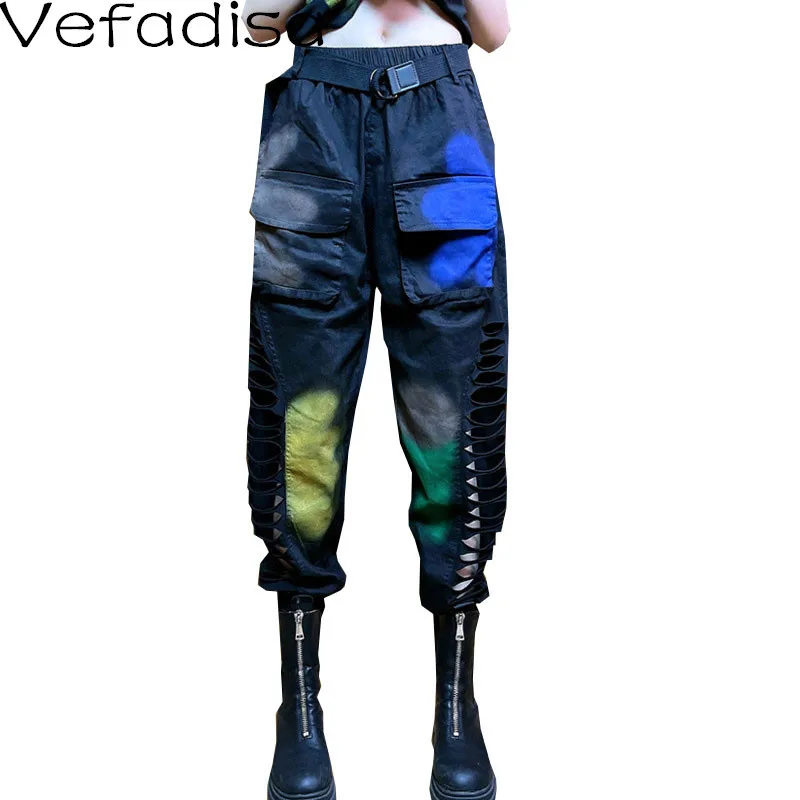 Vefadisa Trendy Brand Large Size Harem Pants Woman 2023 Summer The New Fashion Leisure Cool Frayed Tie Dye Thin Trousers LHX473