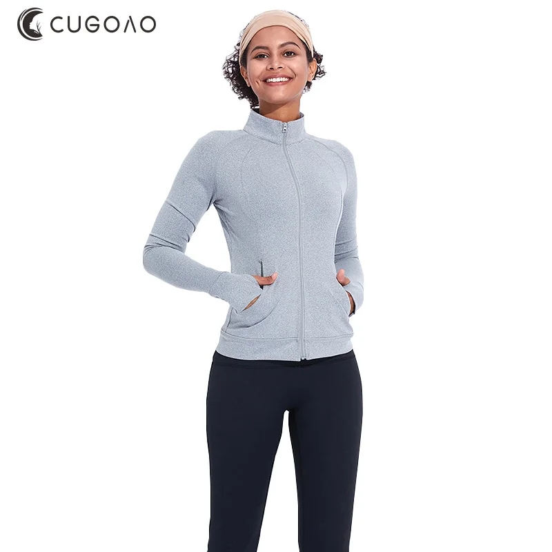 

CUGOAO Women Long Sleeve Sports Coat with Zipper Running Top With Thumb Holes Gym Yoga Jacket Workout Athletics Coat Sweatshirt