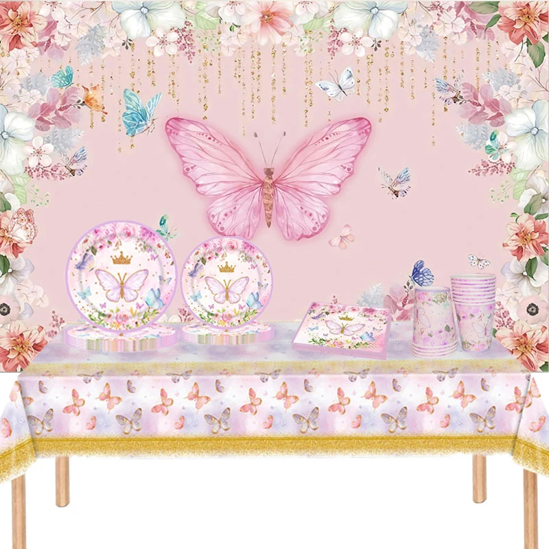 

Butterfly Disposable Tableware Set Paper Plate Napkin Happy Girls Birthday Party Decorations Kids Baby Shower Wedding Supplies