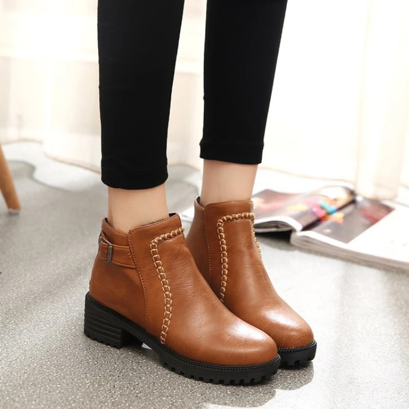 

Thick Sole Ankle Boots Women Autumn Waterproof Cotton Solid Color PU Buckle Shoes