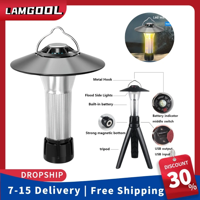 

Outdoor Camping Type-C Rechagre Led Flashlight Torch Lantern Tent Light with Manget Hanging Lamp for Fishing Camping Supplies