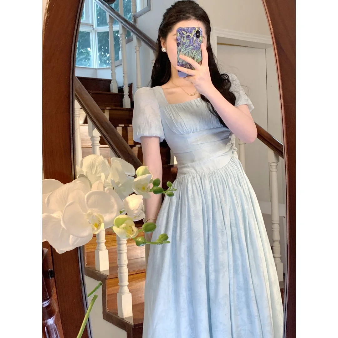 

Long Sleeve Dress Women 2023 Spring Summer New French Style Square Neck Pleated Waist Slim Dress Formal Occasion Dresses