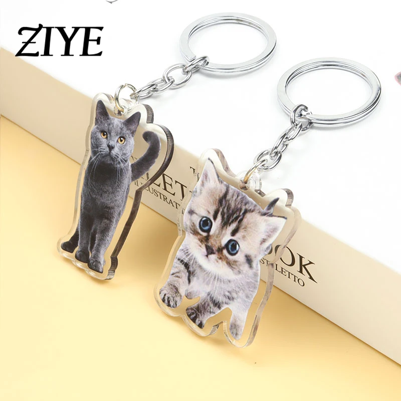 

British Blue Cat Acrylic Keychains Cute Animals Pendants Key Rings For Women Teen Boyfriend Couple Gifts Car Schoolbag Ornaments
