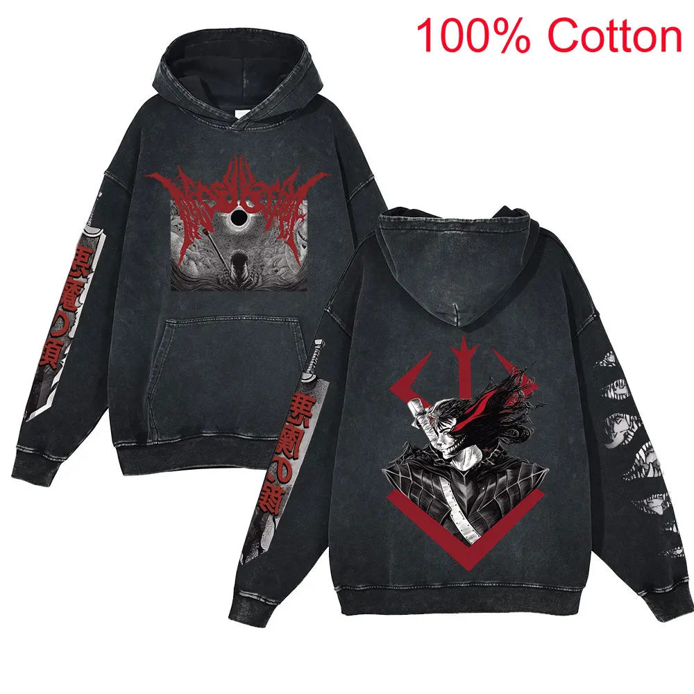 

Anime Berserk Hoodie Casual Guts Printed Men Sweatshirts Hip Hop Acid Wash 100% Cotton Comfortable Pattern Popular Black Tops