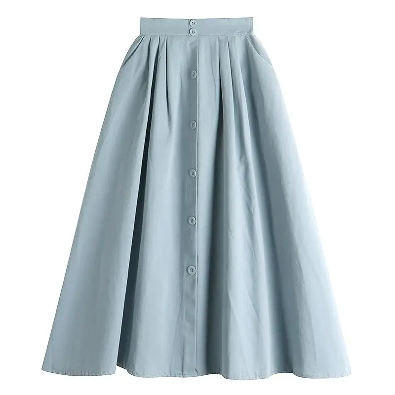 

Однобортная Женская юбка с карманами, тонкая однотонная летняя юбка средней длины с завышенной талией и широким подолом