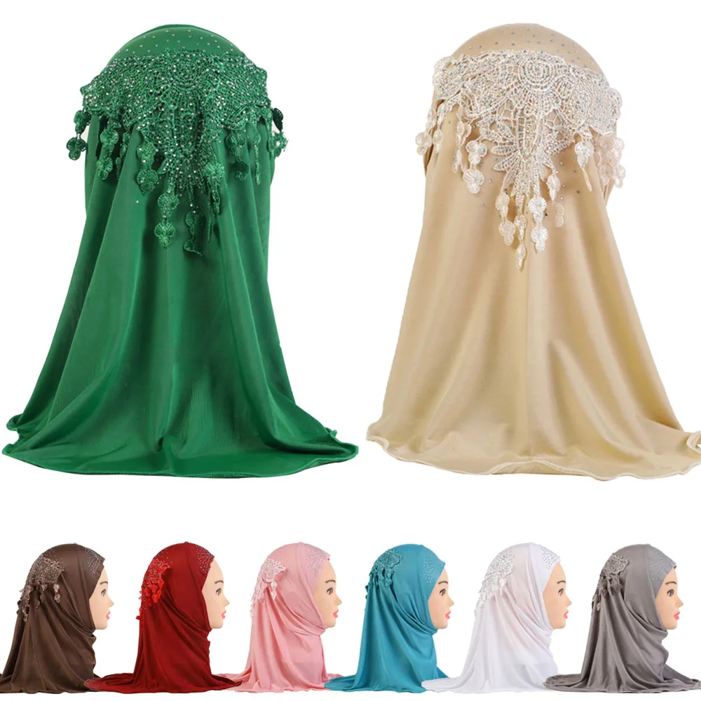 

Amira Muslim Girls Headwear Diamond Tassel Hijab Kids Islamic Prayer Headscarf Arab Soft Wrapped Scarf Plain Shawls For 2-6Years