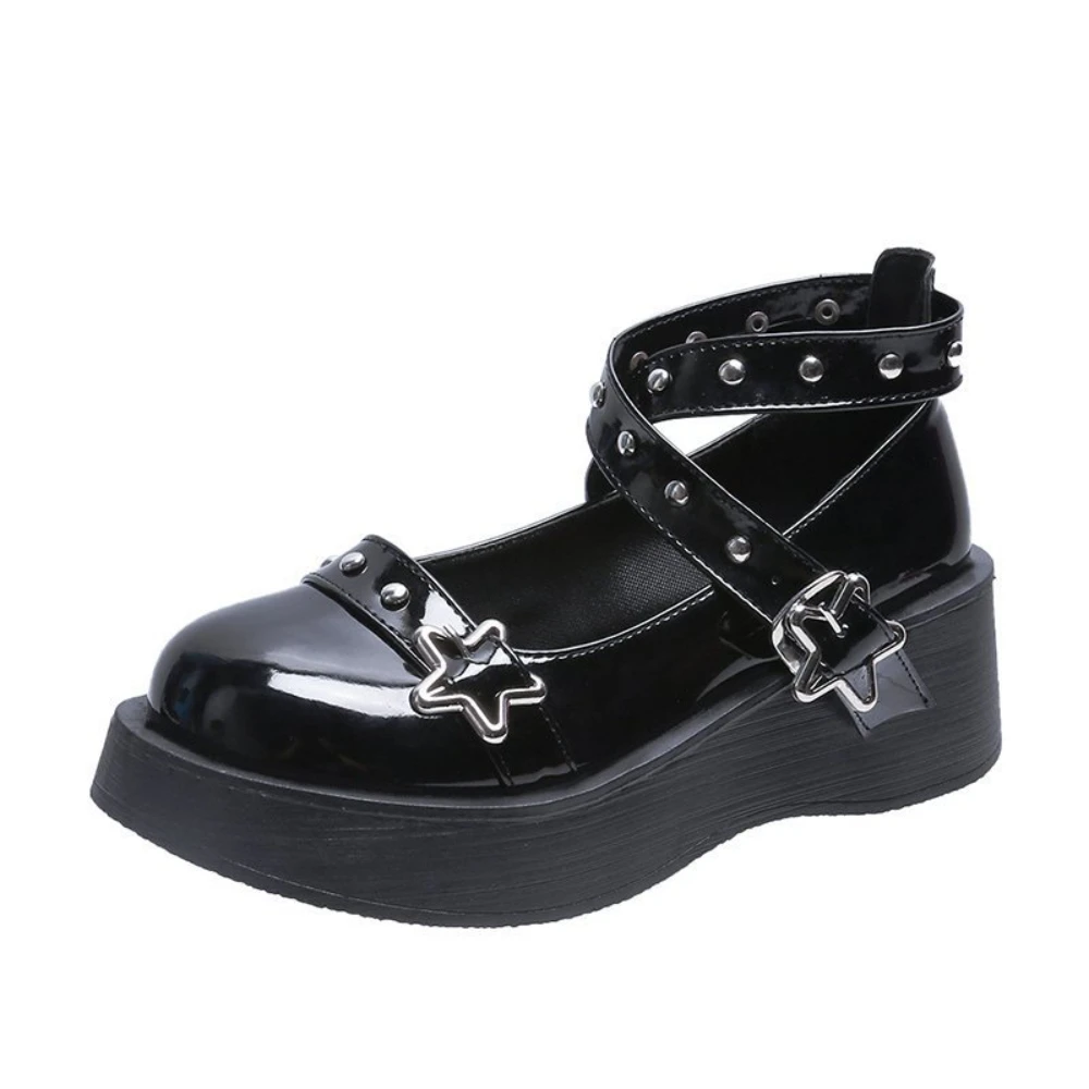 Women Pumps Round Toe Chunky Lolita Shoes Star Buckle Mary Jane Shoes Rivet Cross-tied Platform Leather Gothic Cosplay Shoes