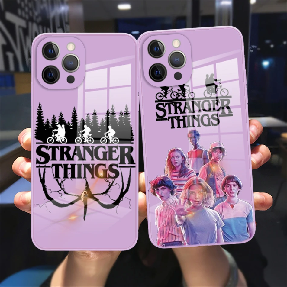 

Stranger Things American TV Show Glass Phone Cover For iPhone11 12 13 14 Pro Max X XR XSMax 8 14Plus Purple Tempered bumper Case