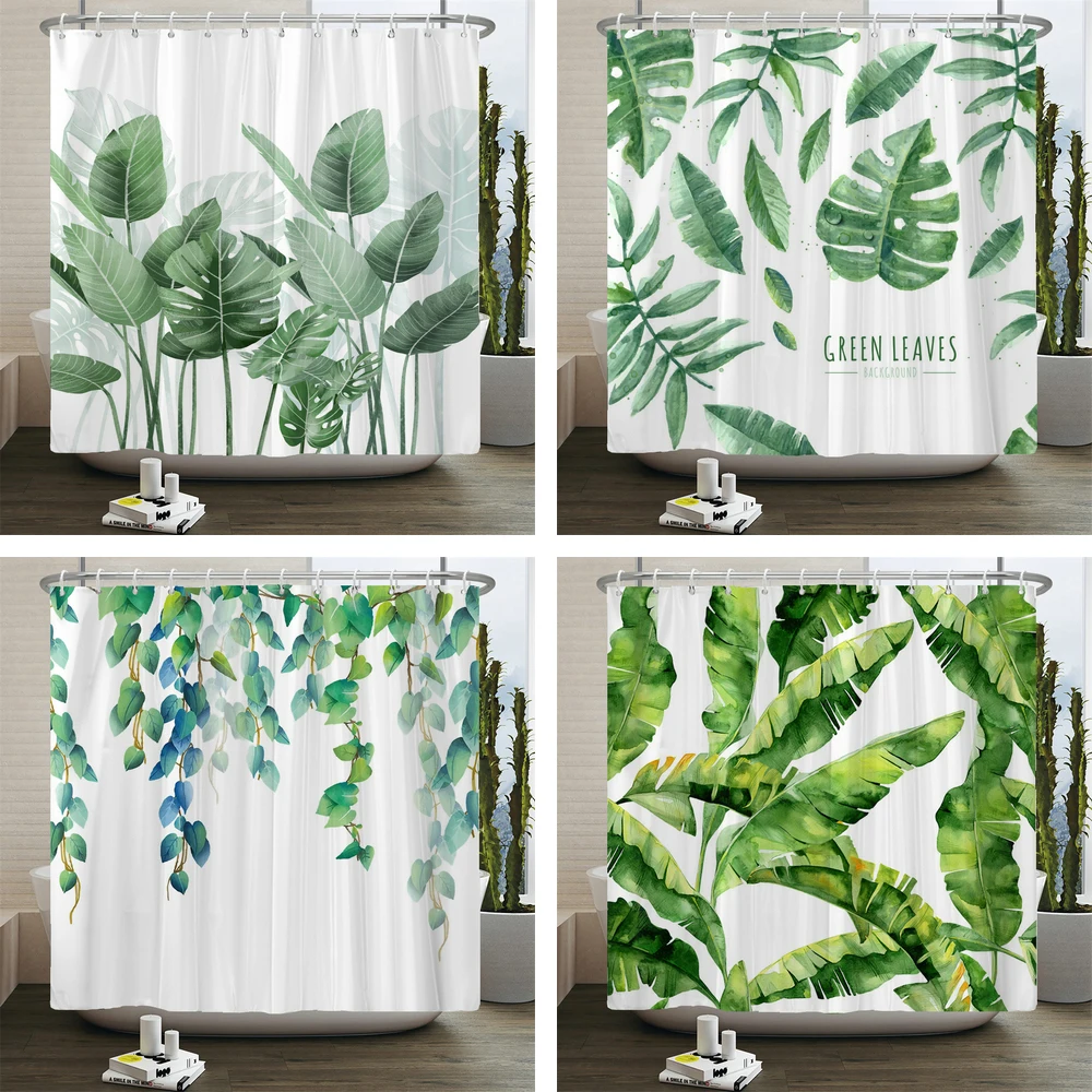 

Шторы для душа с зелеными листьями растений, занавеска для ванной комнаты, водонепроницаемая ткань из полиэстера с крючками, с 3D-принтом