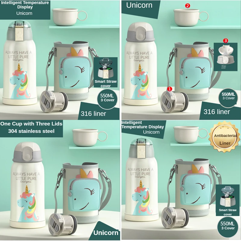 

Smart Children's Thermos Mug 316 Stainless Steel Cartoon Cute with Cup Cover Straw Temperature Display Sterile Liner Healthy