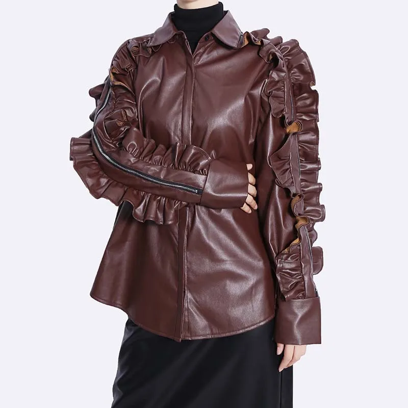 LXUNYI Faux Leather Blouse Woman Personality Ruffles Patchwork Zipper Coat Single Breasted Casual Loose PU Leather Jacket