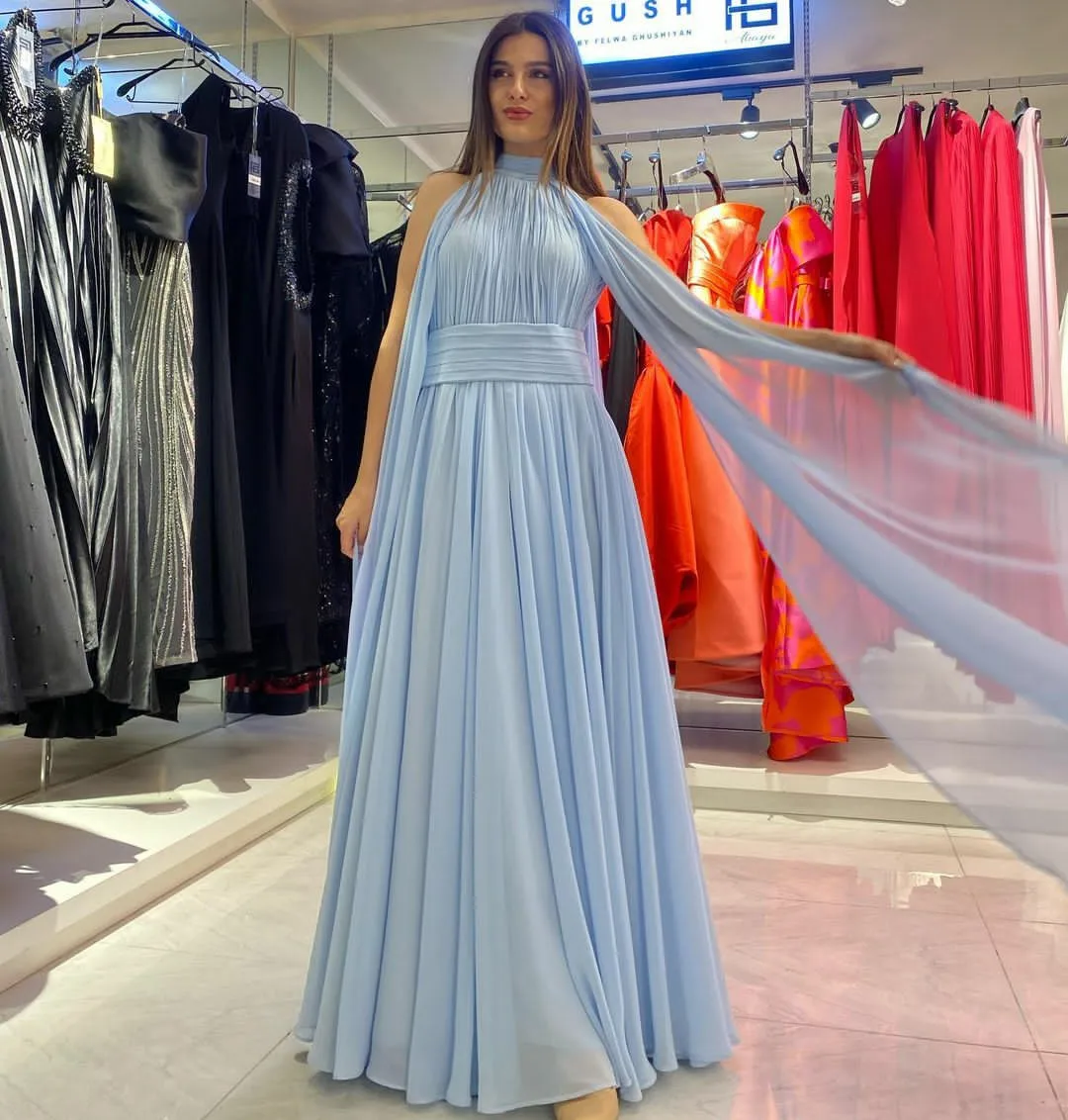 

Женское шифоновое платье с лямкой на шее, Элегантное Длинное Вечернее Платье-трапеция с лентой, синее плиссированное платье до пола в стиле ракушек, платье для выпускного вечера