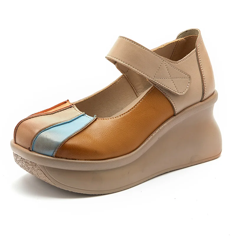 

Retro Women Genuine Leather Shoes National Style Wedges Heels Shoes Thick Sole Casual Ladies Platform Shoes High Heels