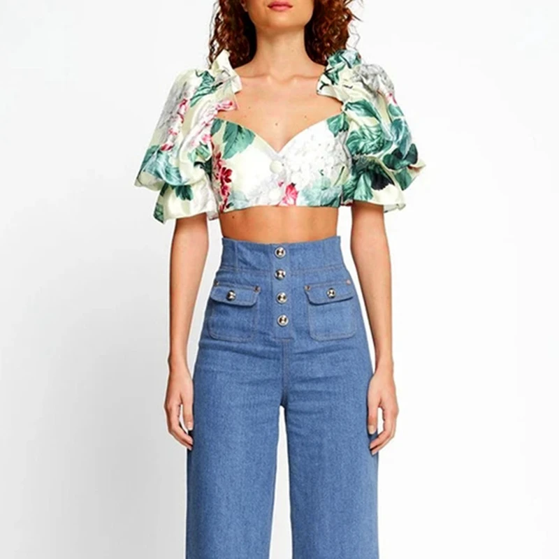 

Summer Fashion Casual Patchwork Print Puff Sleeve Chest-Wrapped Navel Slim Short Top Women Nightclub Club Sexy Tops